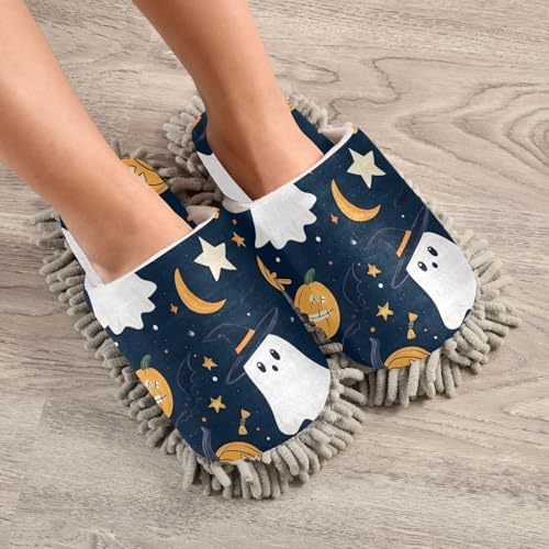 FLildon Microfiber Mop Slippers for Men Women Washable Halloween Boo Cleaners