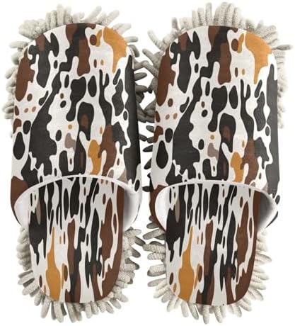 Brown Cow Print Microfiber Cleaning Slippers - L
