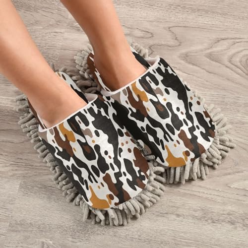 Brown Cow Print Microfiber Cleaning Slippers - L