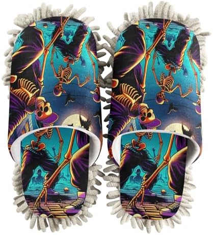 FLildon Microfiber Mop Slippers Halloween Skeleton Design Washable Floor Cleaner
