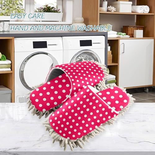 FLildon Microfiber Cleaning Slippers Red White Polka Dots Washable Mop Shoes