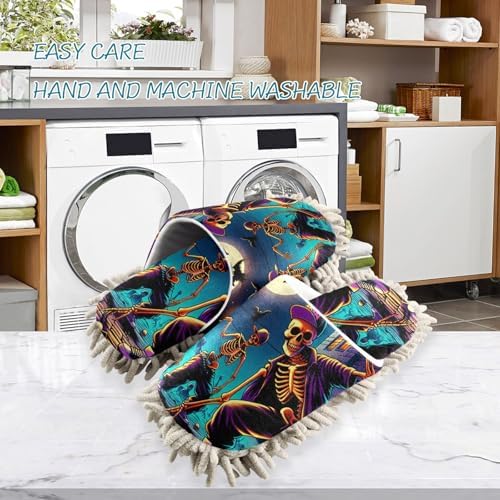 FLildon Microfiber Mop Slippers Halloween Skeleton Design Washable Floor Cleaner