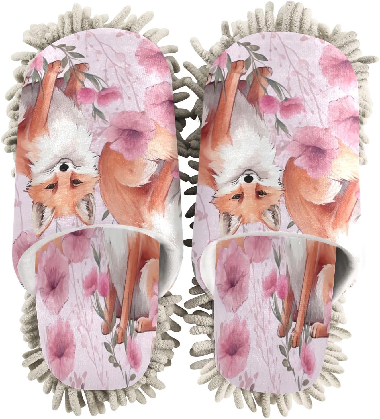 Bulletgxll Cute Foxes Cleaning Slippers Wiped Mop Slippers Washable Floor Mop