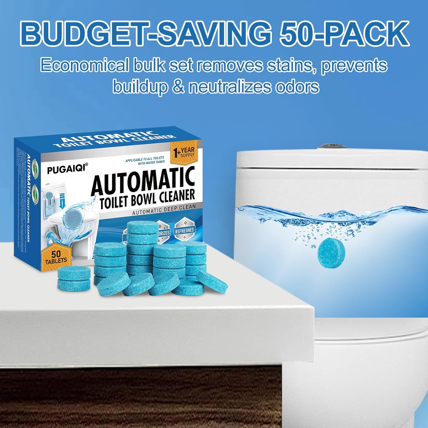 PUGAIQI Toilet Bowl Tablets 50 Count Blue Fresh Scent 1