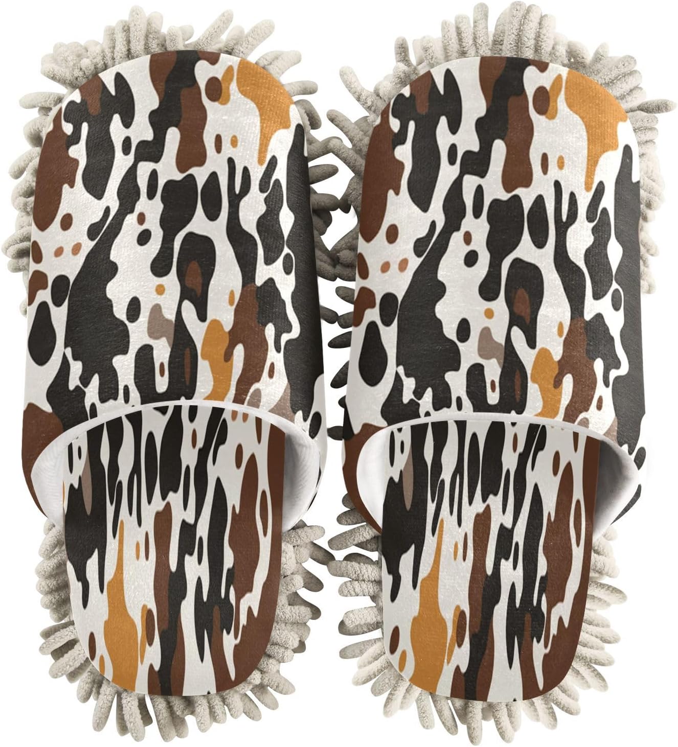Brown Cow Print Microfiber Cleaning Slippers - L