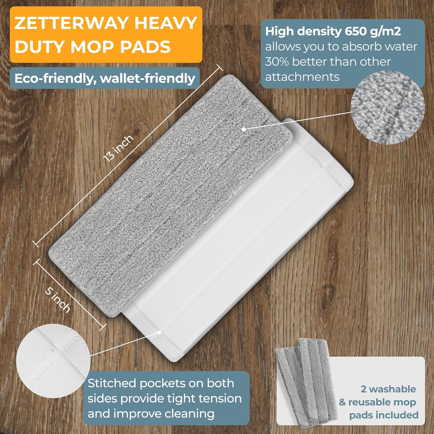 Zetterway 4 Microfiber Mop Pads for 13 Inch Mop Head