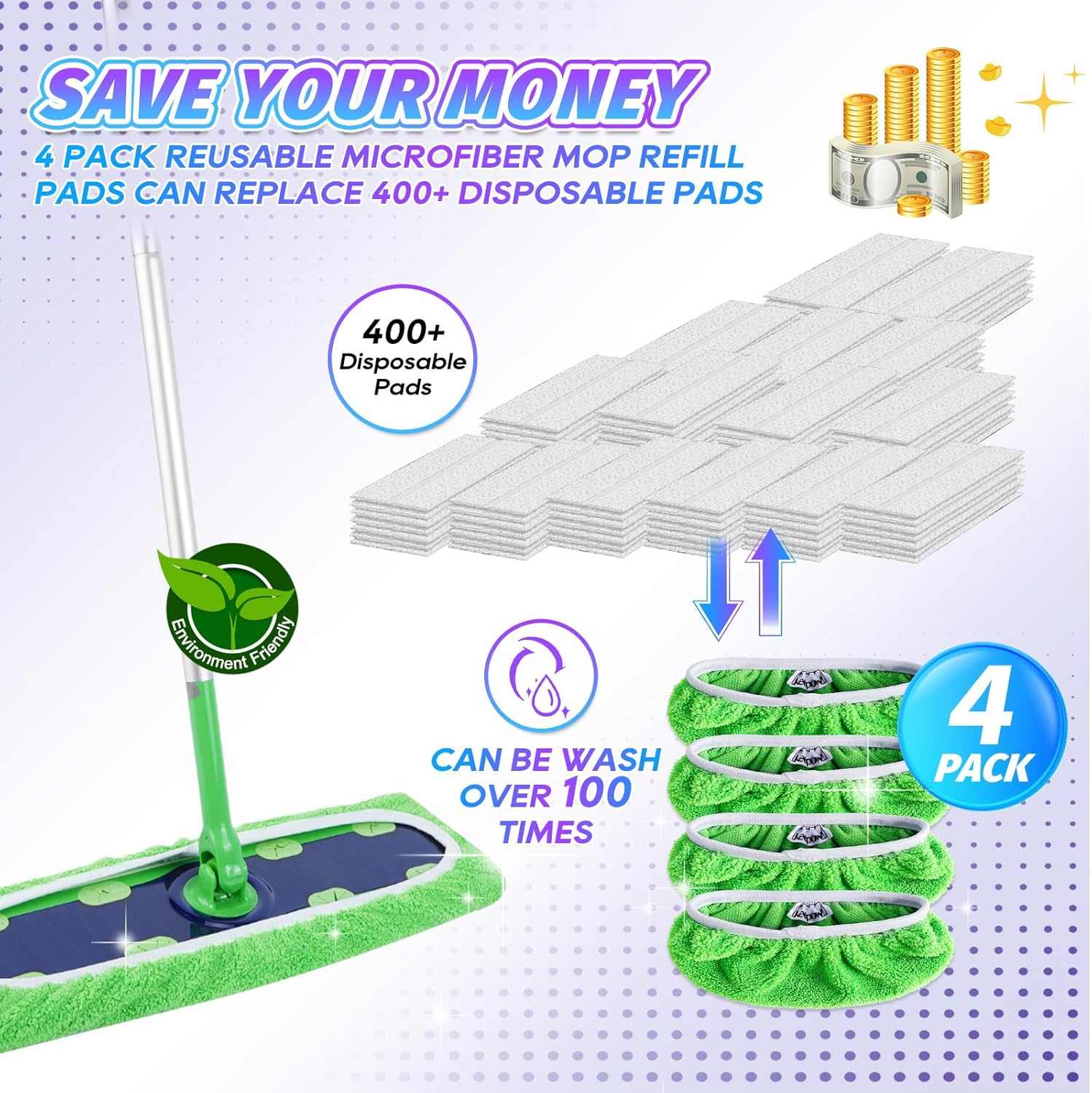 KEEPOW Reusable Mop Pads 4 Pack for Swiffer XL