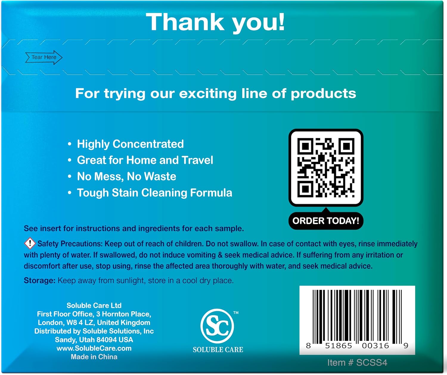 Soluble Care Sample Sheet Pack - Laundry Toilet Floor Hand Soap