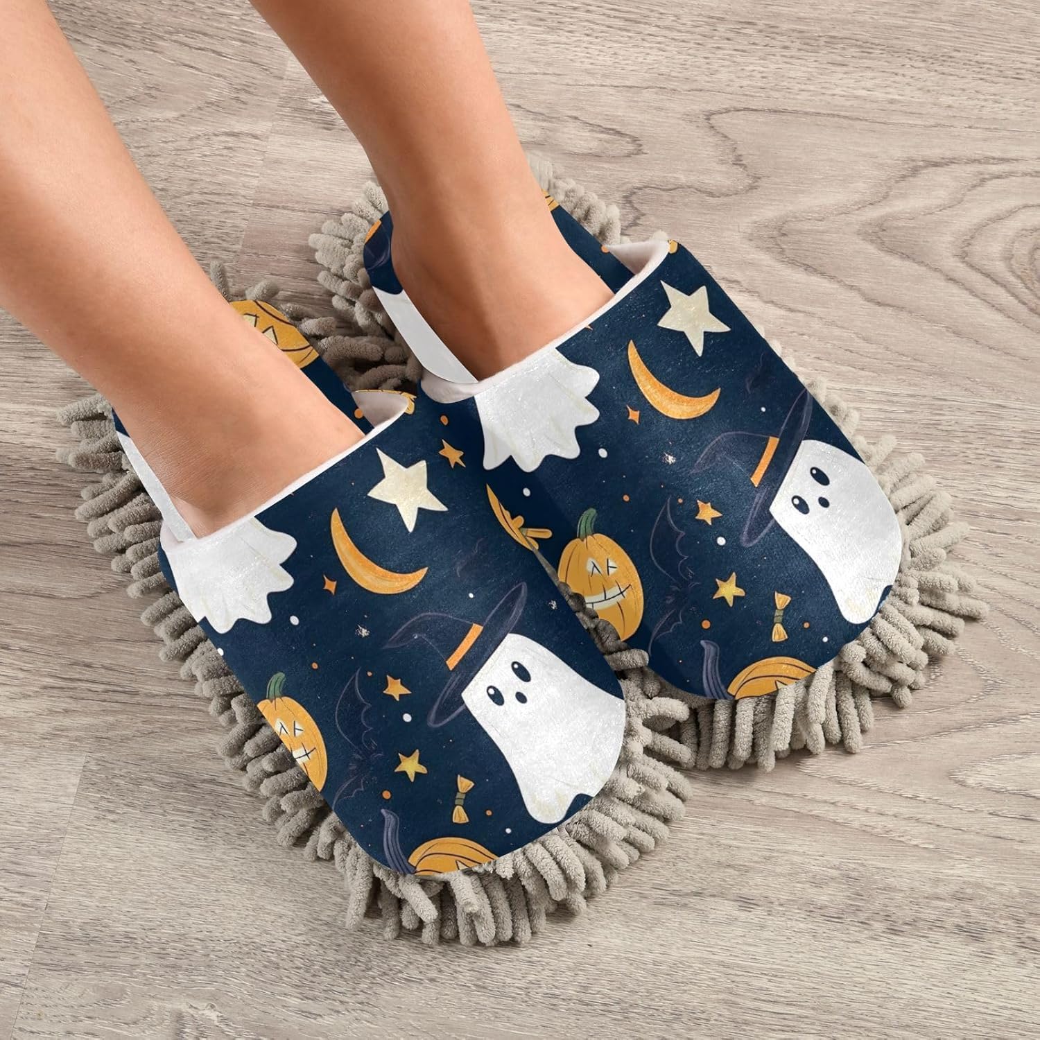 FLildon Microfiber Mop Slippers for Men Women Washable Halloween Boo Cleaners