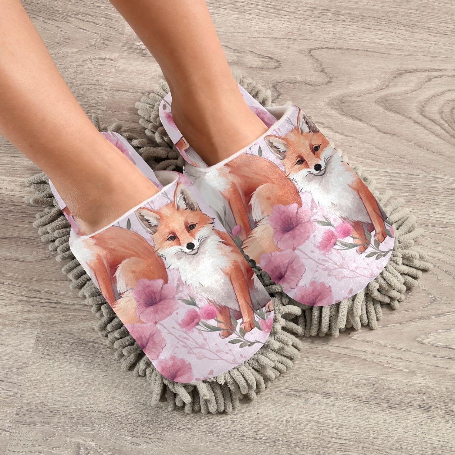 Bulletgxll Cute Foxes Cleaning Slippers Wiped Mop Slippers Washable Floor Mop
