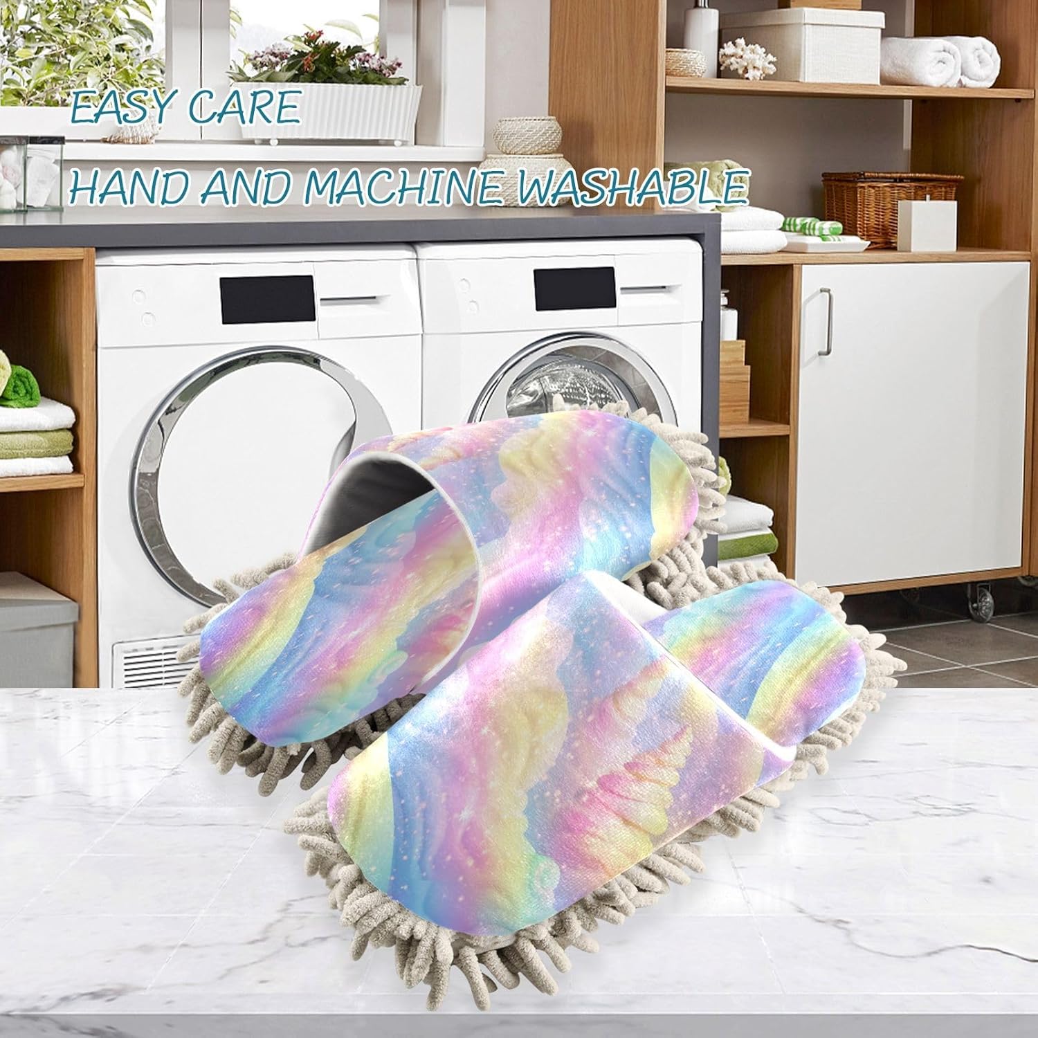 Bulletgxll Rainbow Snowflakes Microfiber Cleaning Slippers - L