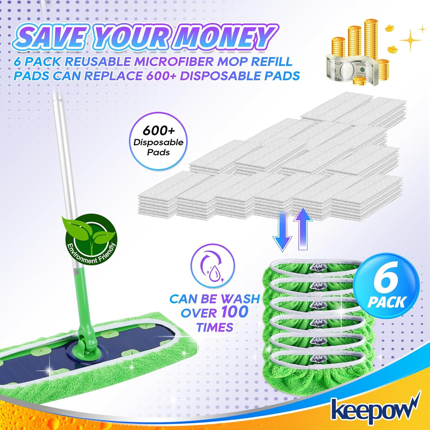 KEEPOW Reusable Mop Pads 6-Pack for Swiffer XL