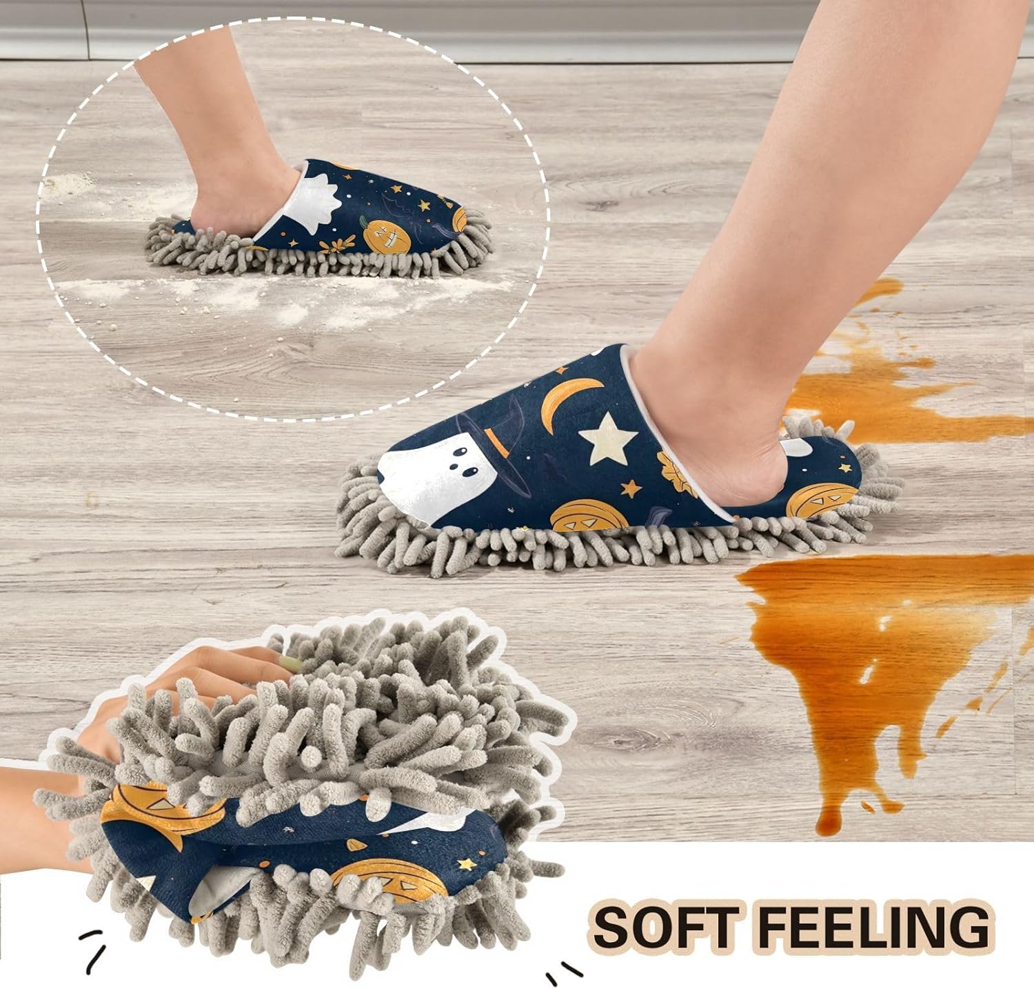 FLildon Microfiber Mop Slippers for Men Women Washable Halloween Boo Cleaners