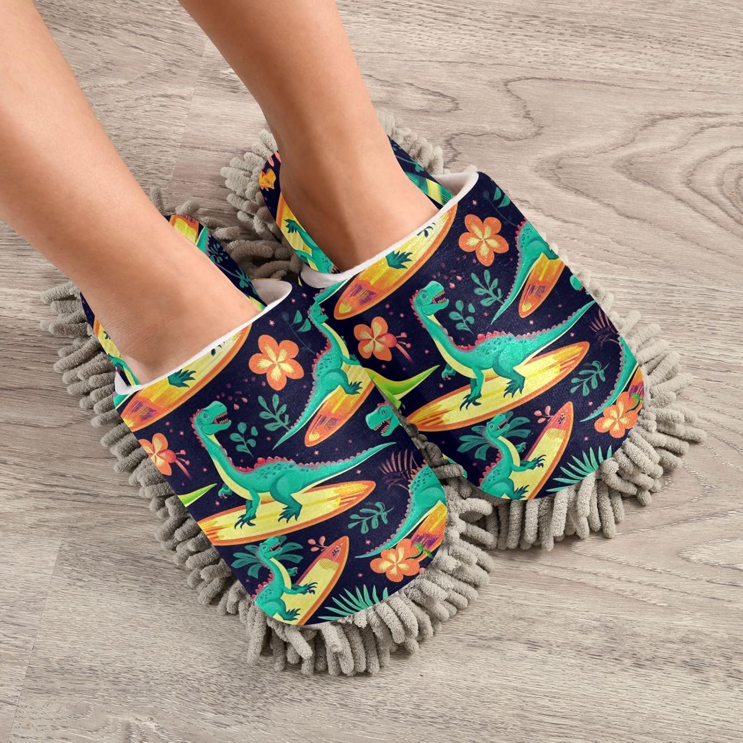 Bulletgxll Dinosaur Mopping Slippers - Washable Floor Mop Shoes for Men Women