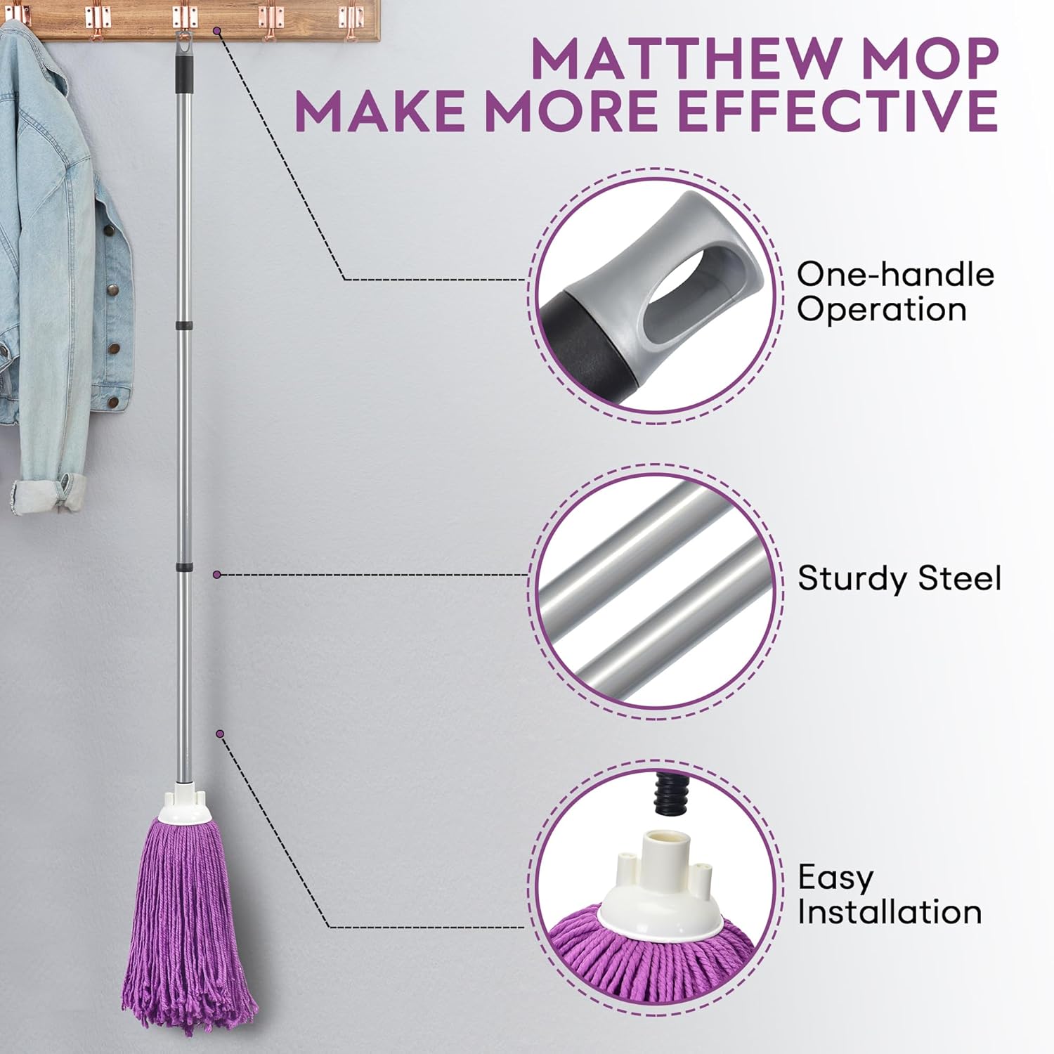 Matthew Microfiber Mop Refill - 2 Heads with 54 Handle Purple