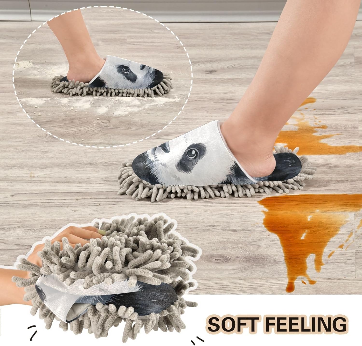 FLildon Microfiber Mop Slippers Panda Design Washable Cleaning Shoes Size M
