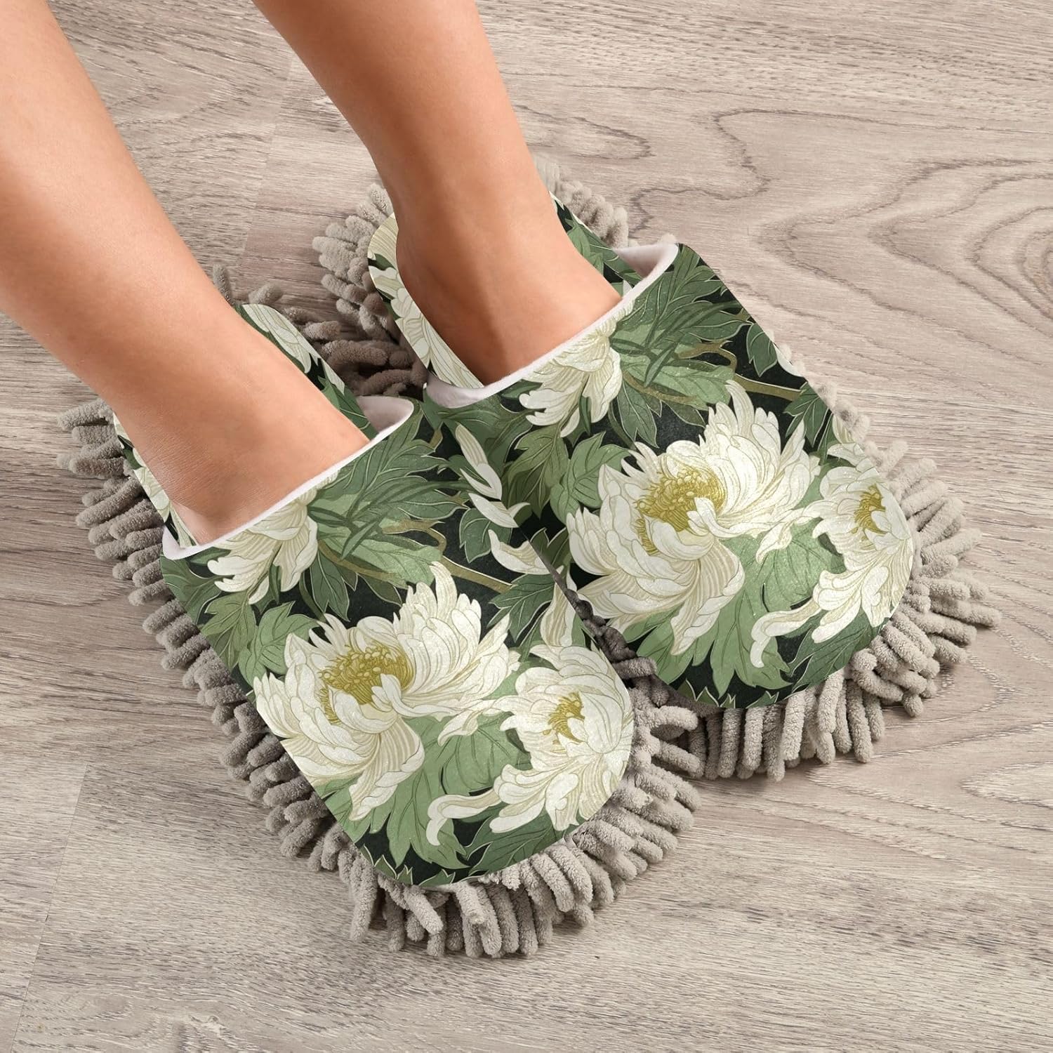 Bulletgxll White Flowers Mopping Slippers - Washable Replacement Mop Pads for Men Women