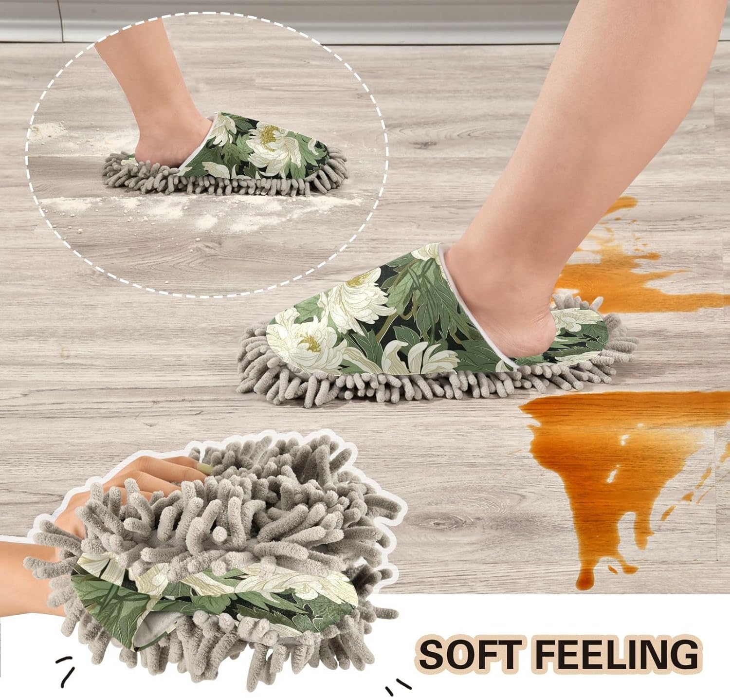 Bulletgxll White Flowers Mopping Slippers - Washable Replacement Mop Pads for Men Women