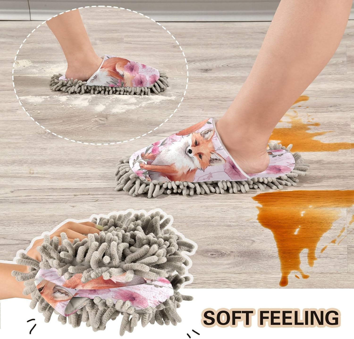 Bulletgxll Cute Foxes Cleaning Slippers Wiped Mop Slippers Washable Floor Mop