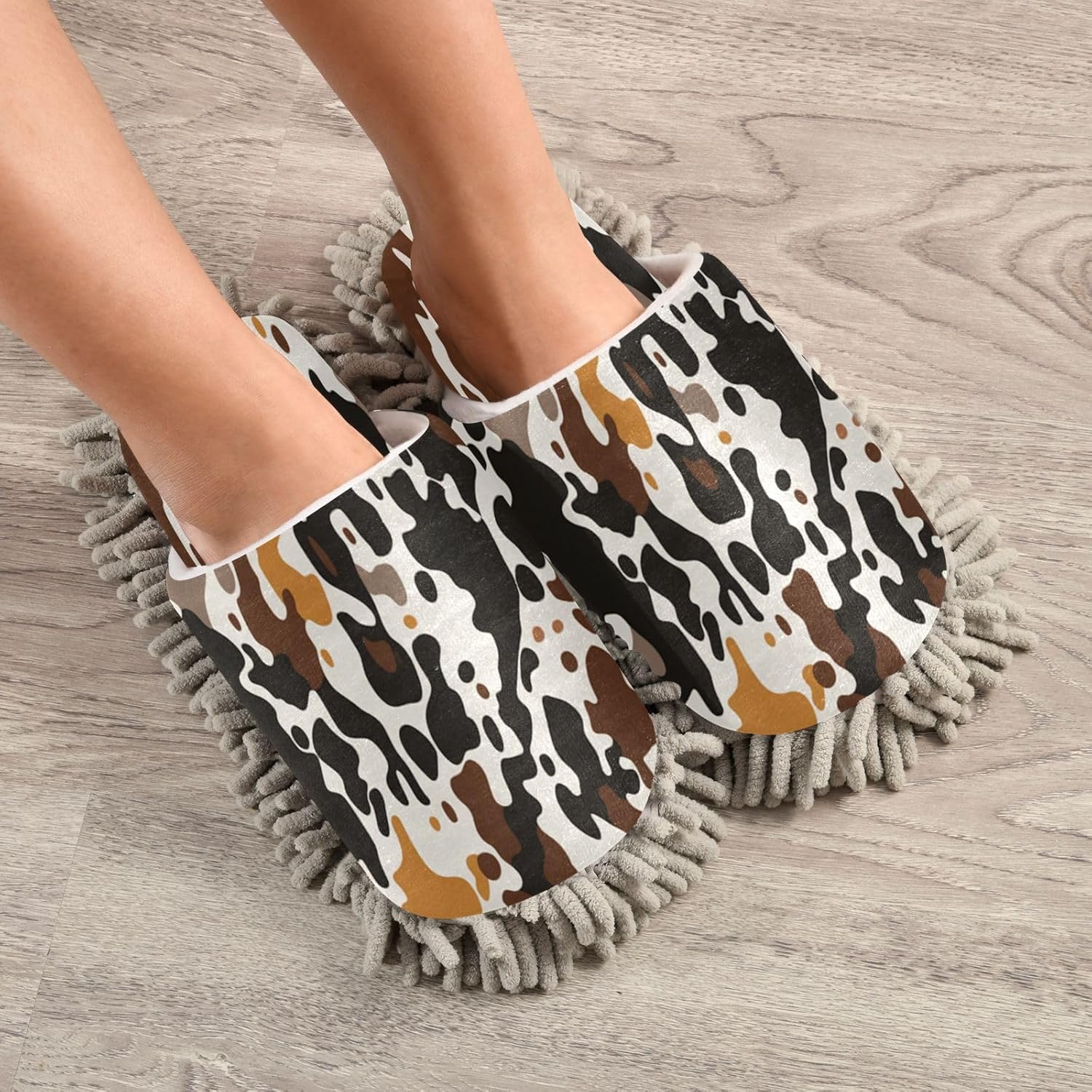 Brown Cow Print Microfiber Cleaning Slippers - L