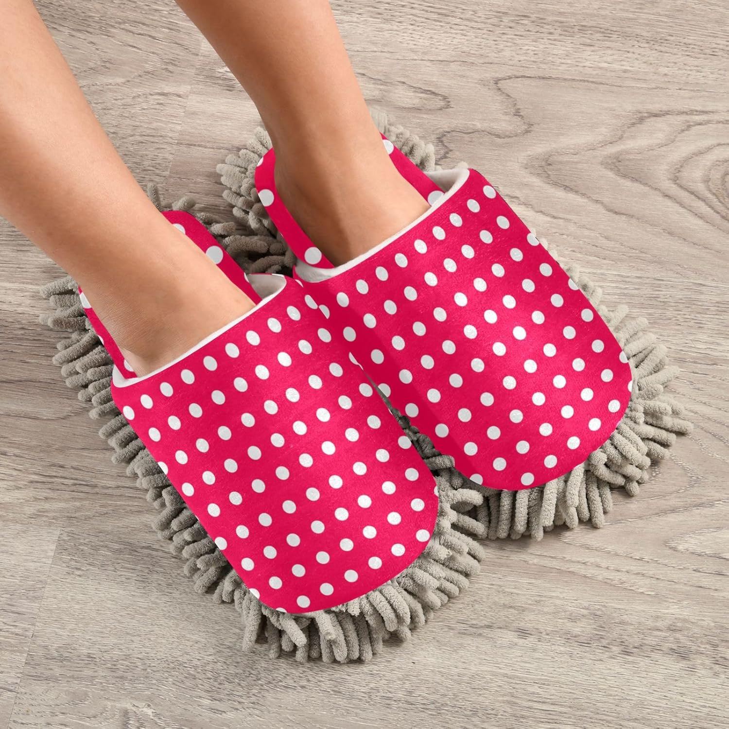 FLildon Microfiber Cleaning Slippers Red White Polka Dots Washable Mop Shoes