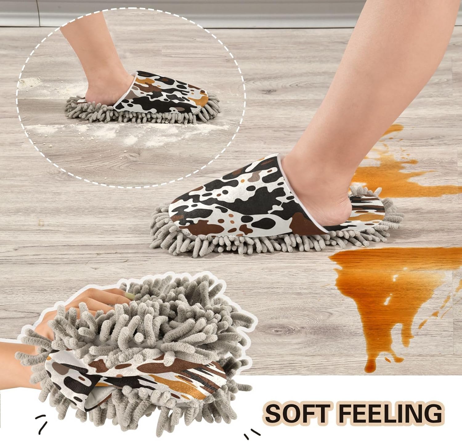 Brown Cow Print Microfiber Cleaning Slippers - L