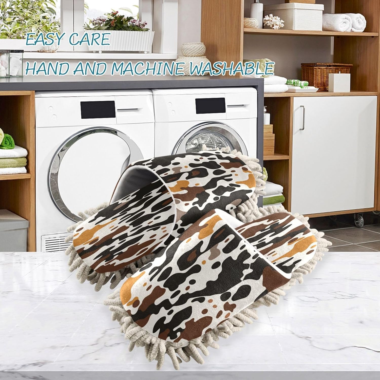 Brown Cow Print Microfiber Cleaning Slippers - L