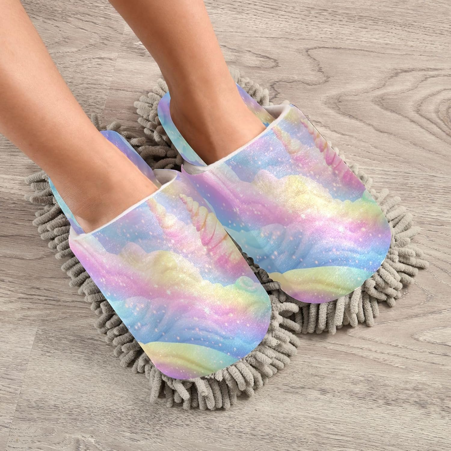 Bulletgxll Rainbow Snowflakes Microfiber Cleaning Slippers - L