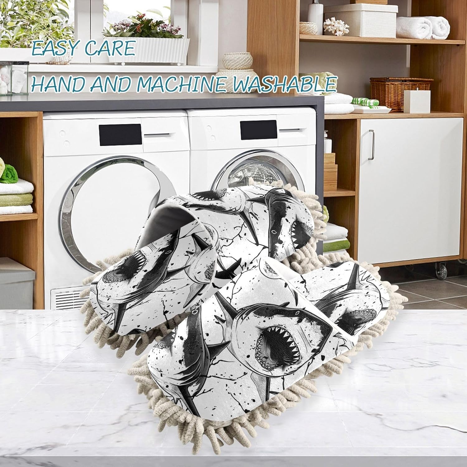 Bulletgxll Shark Pattern Microfiber Cleaning Slippers - L