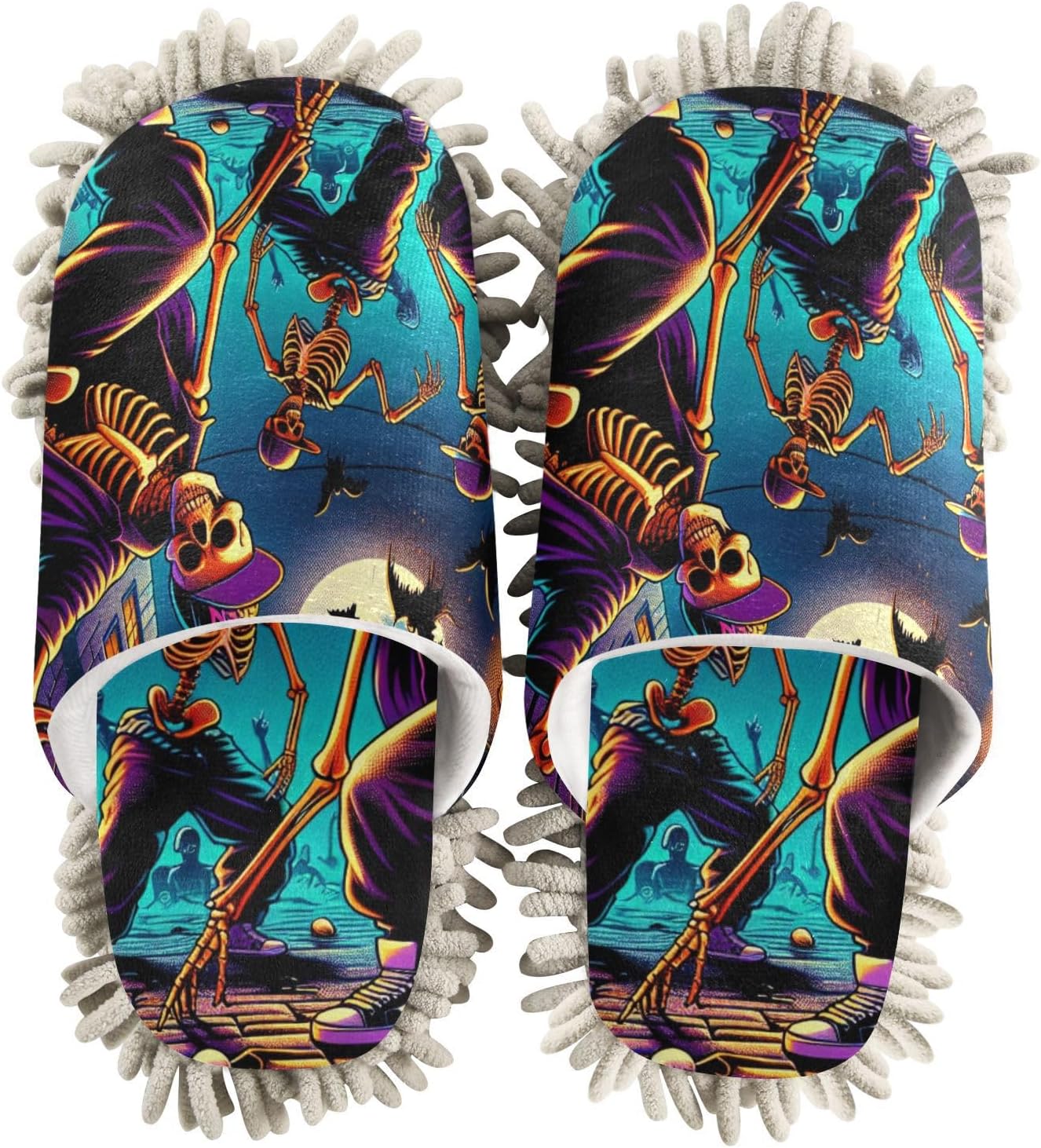 FLildon Microfiber Mop Slippers Halloween Skeleton Design Washable Floor Cleaner