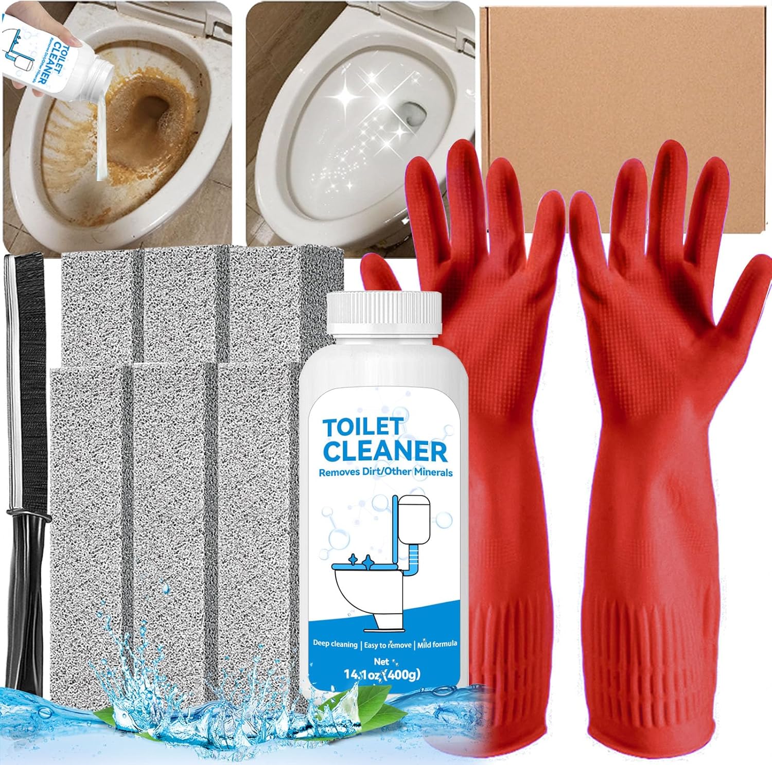 9Pcs Pumice Stone Toilet Cleaning Brush Set with Gloves and Crevice Brush