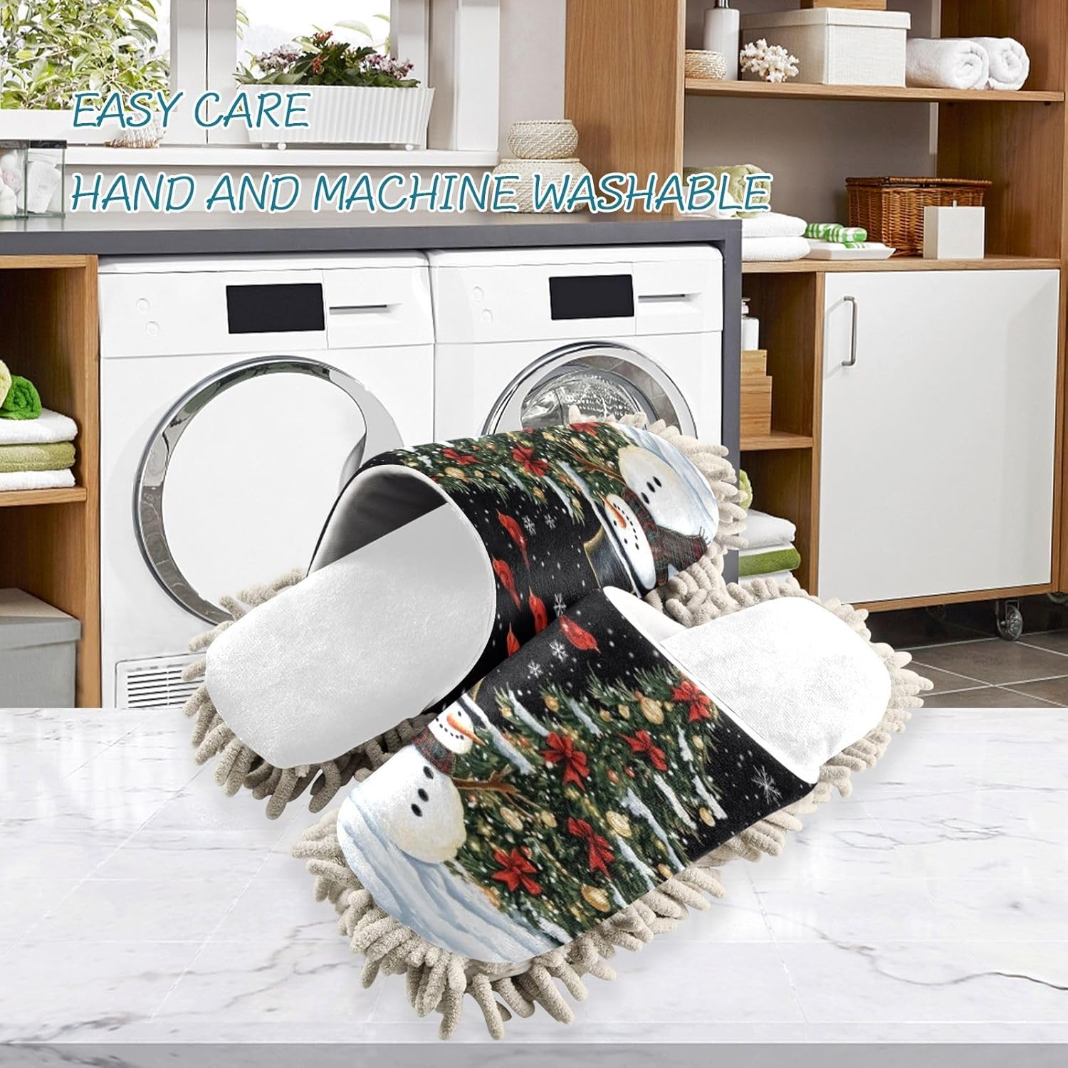 RunningBear White Black Snowman Mop Slippers for Home Cleaning