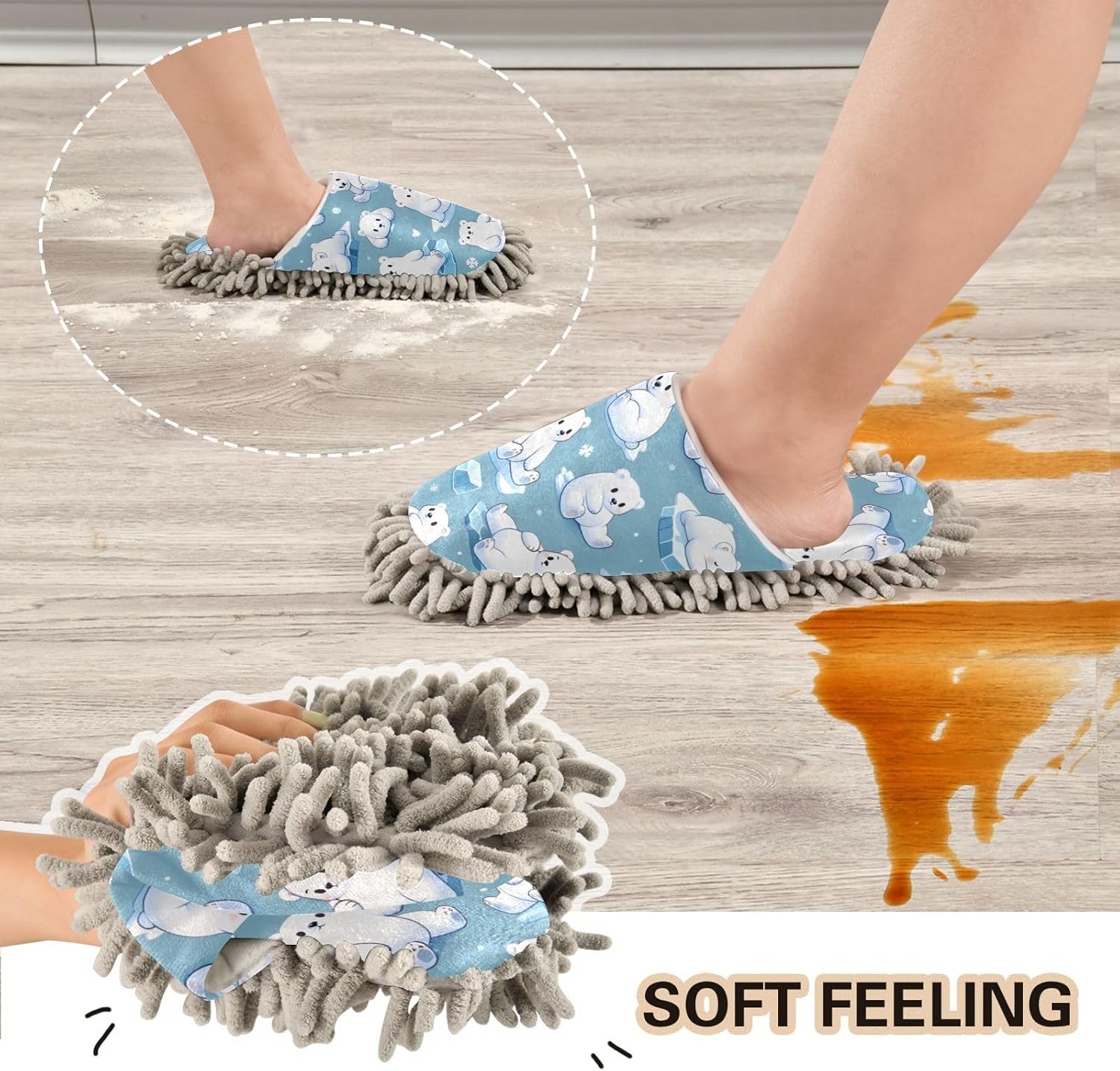FLildon Microfiber Cleaning Slippers Polar Bears Mop Shoes