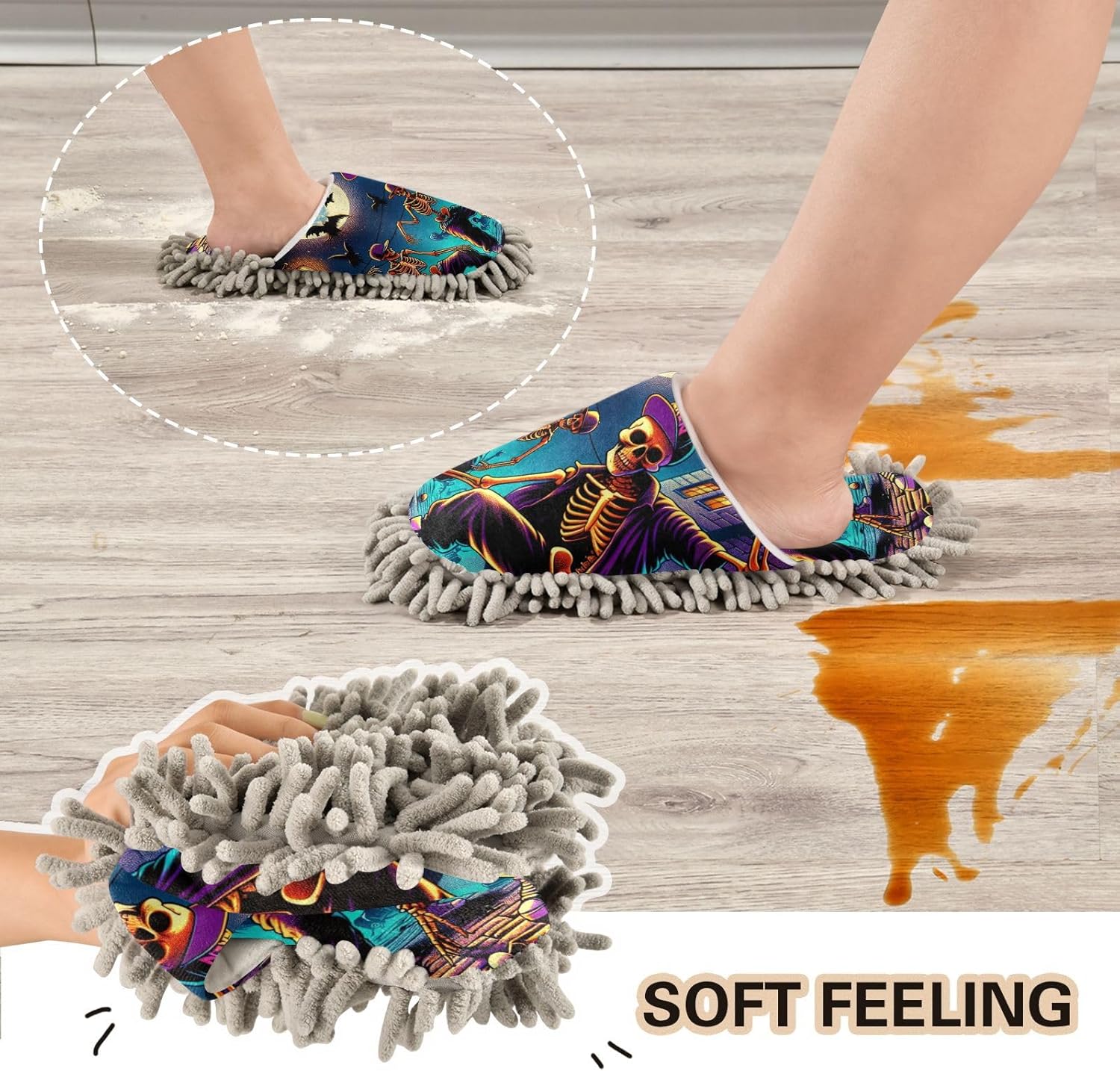 FLildon Microfiber Mop Slippers Halloween Skeleton Design Washable Floor Cleaner
