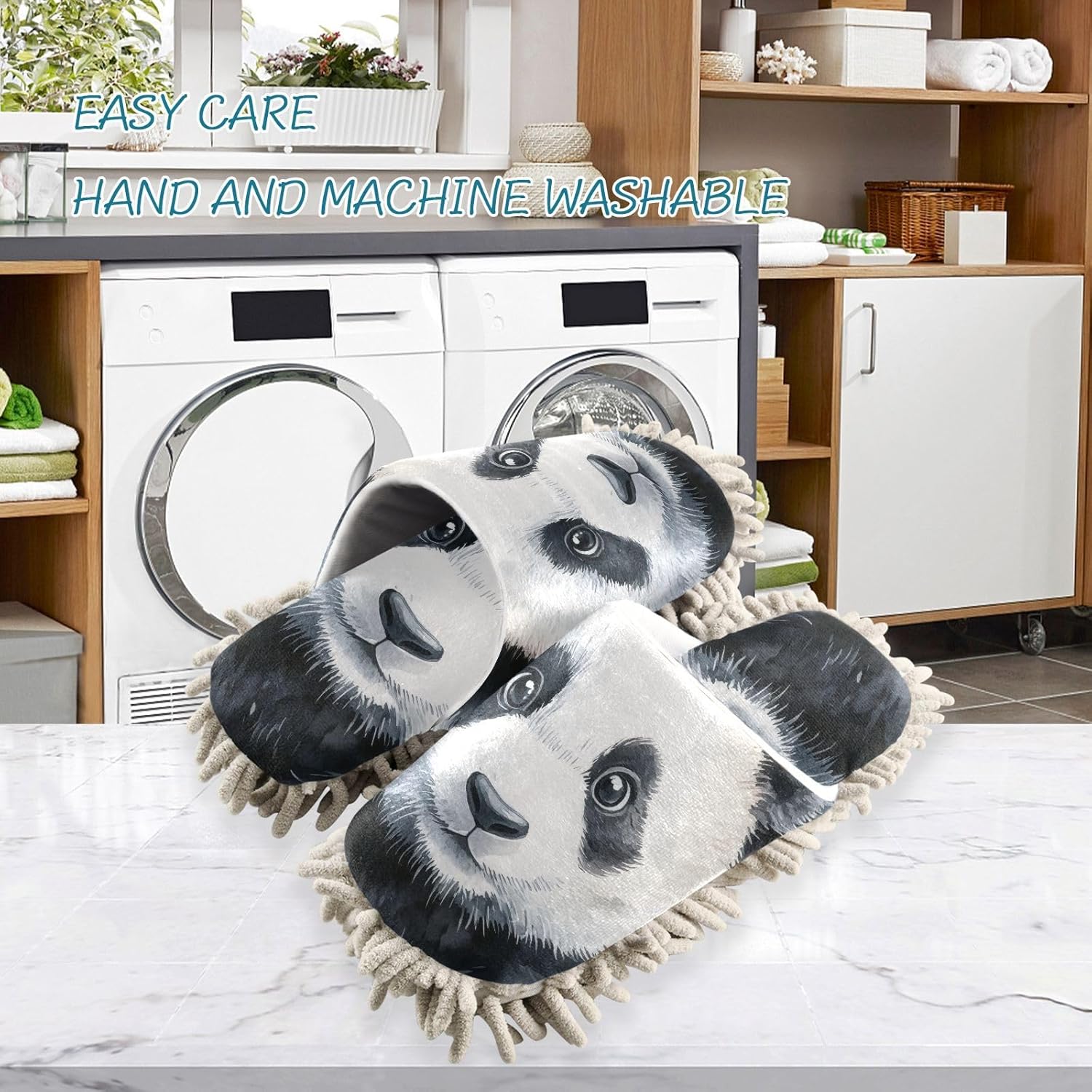 FLildon Microfiber Mop Slippers Panda Design Washable Cleaning Shoes Size M