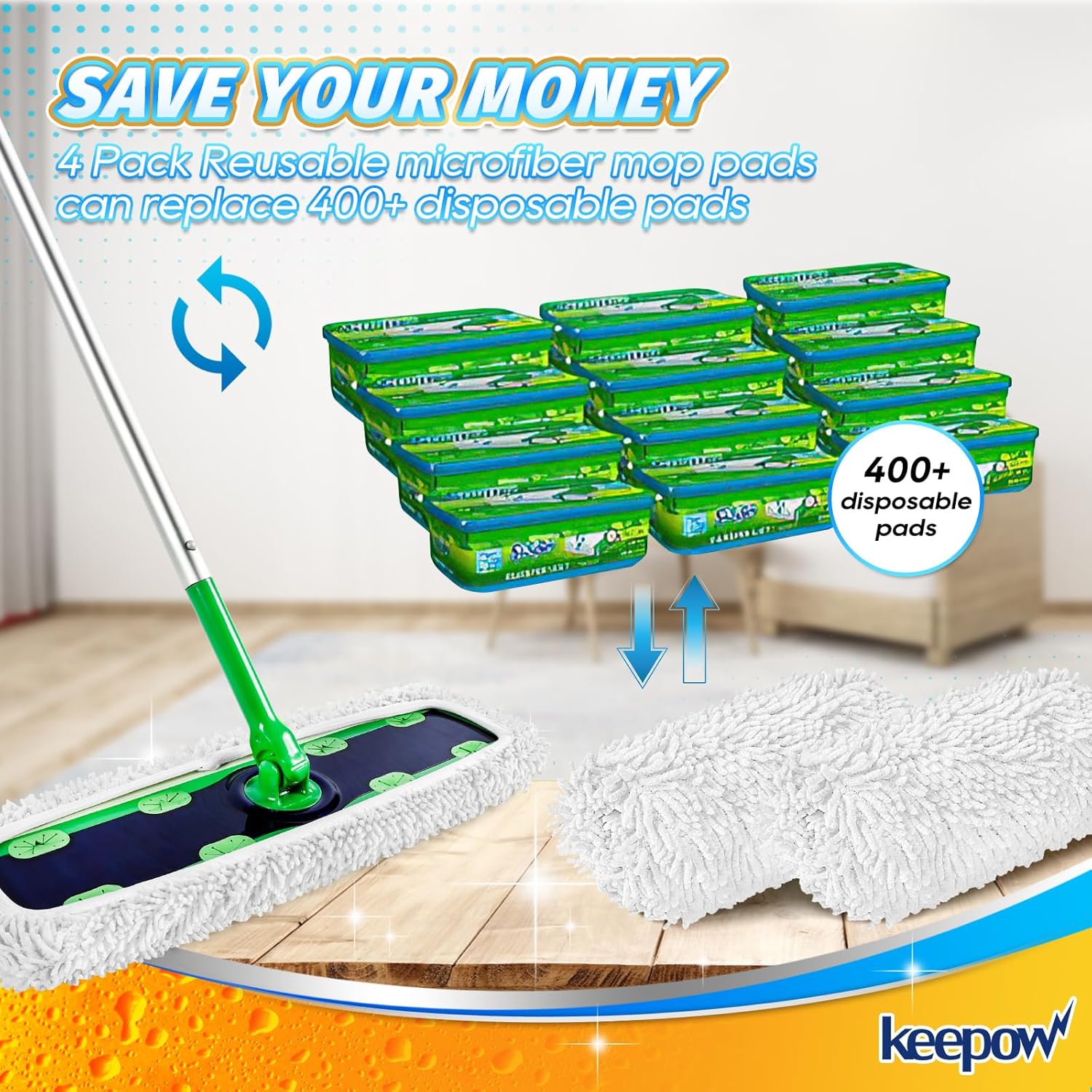 KEEPOW Reusable XL Mop Pads 4 Pack - Wet Dry Cleaning