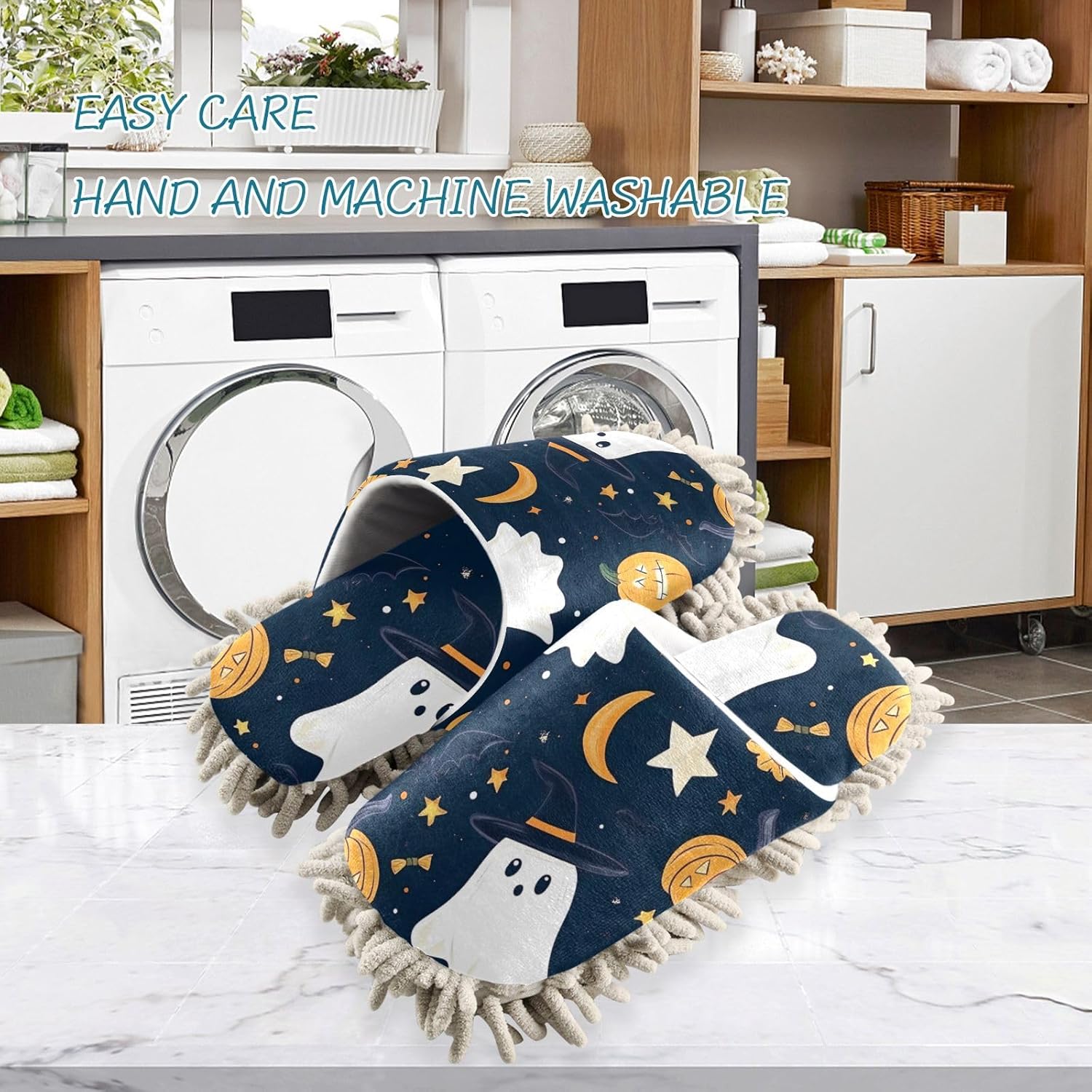 FLildon Microfiber Mop Slippers for Men Women Washable Halloween Boo Cleaners