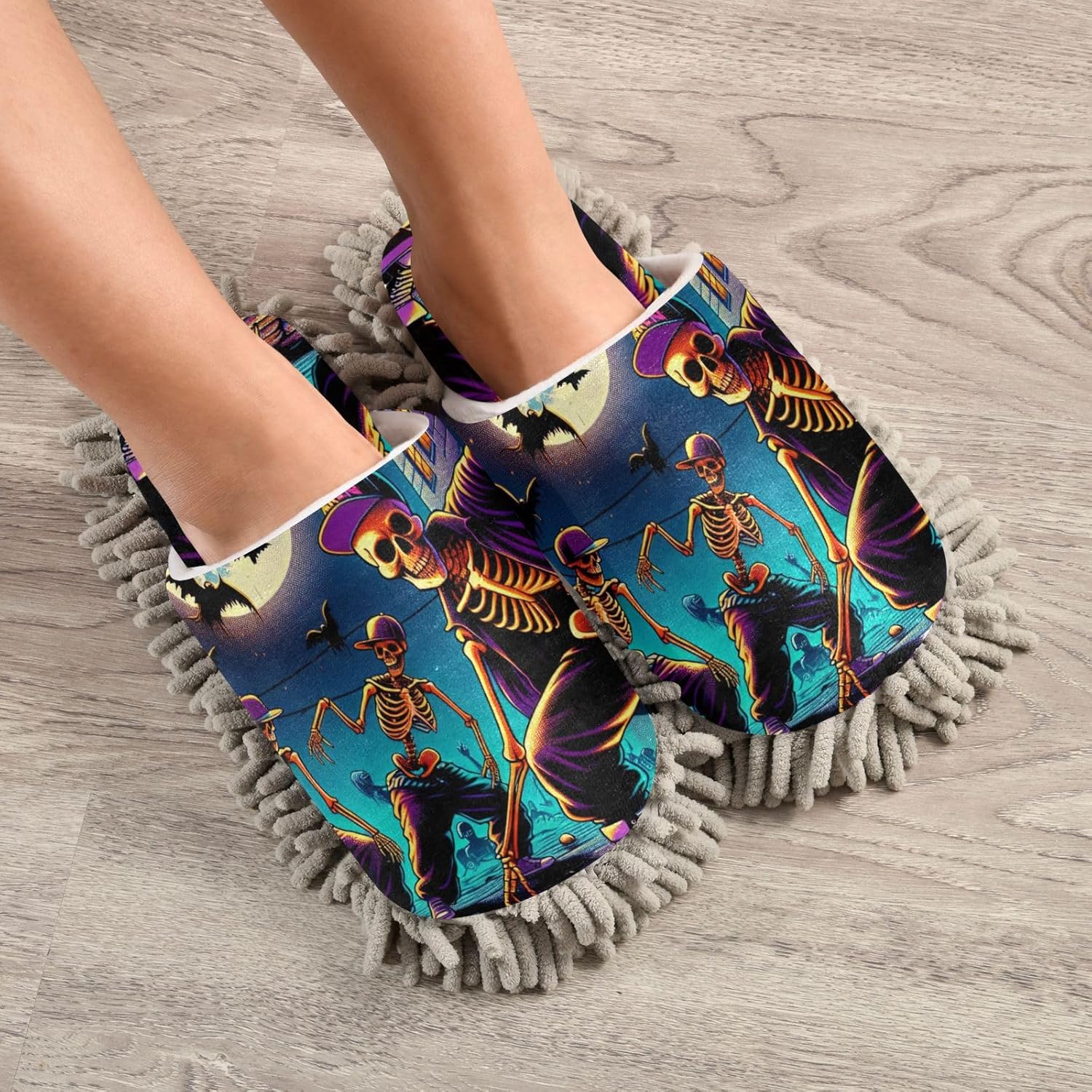 FLildon Microfiber Mop Slippers Halloween Skeleton Design Washable Floor Cleaner