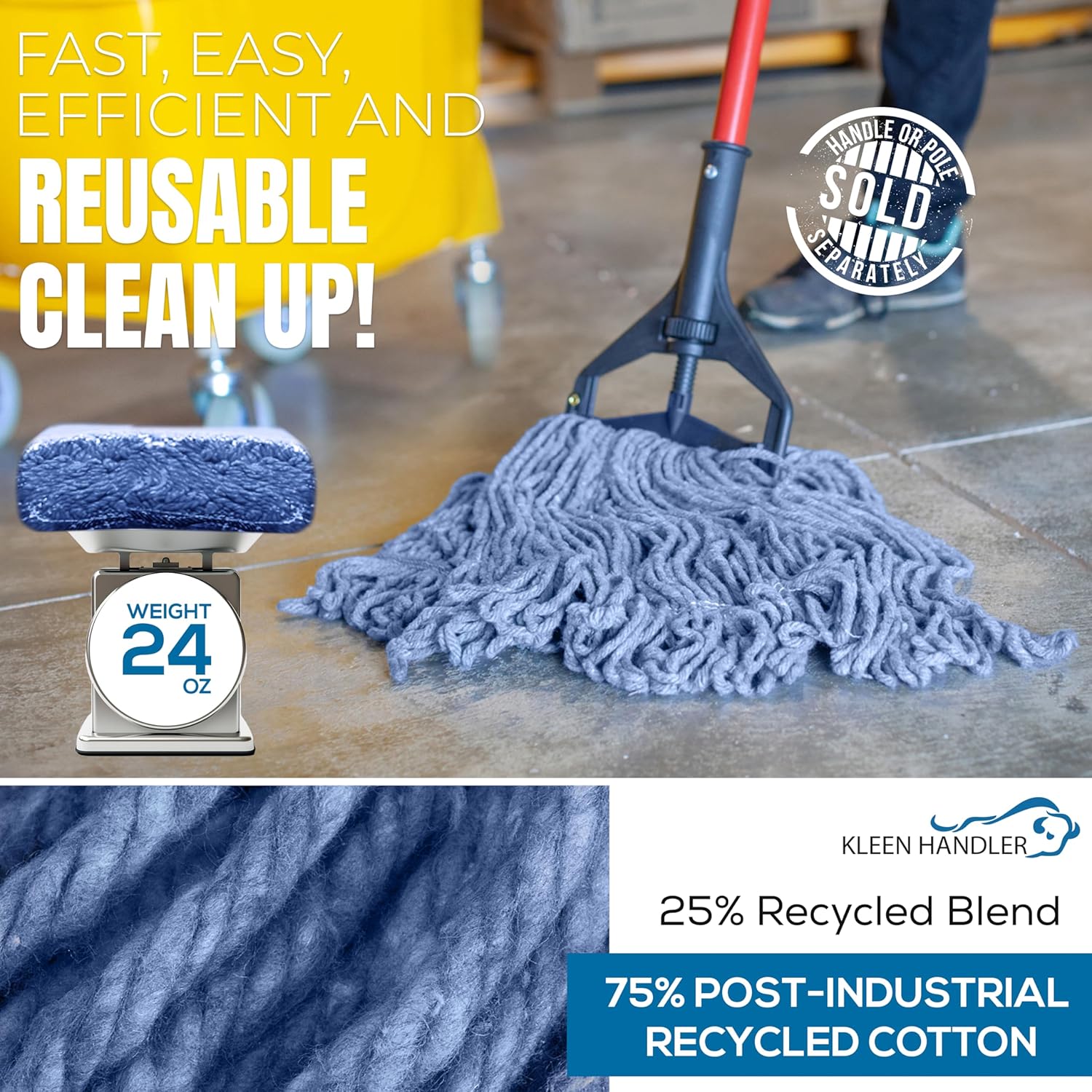 KLEEN HANDLER Blended Loop Mop Head 3-Pack Blue 24 Oz
