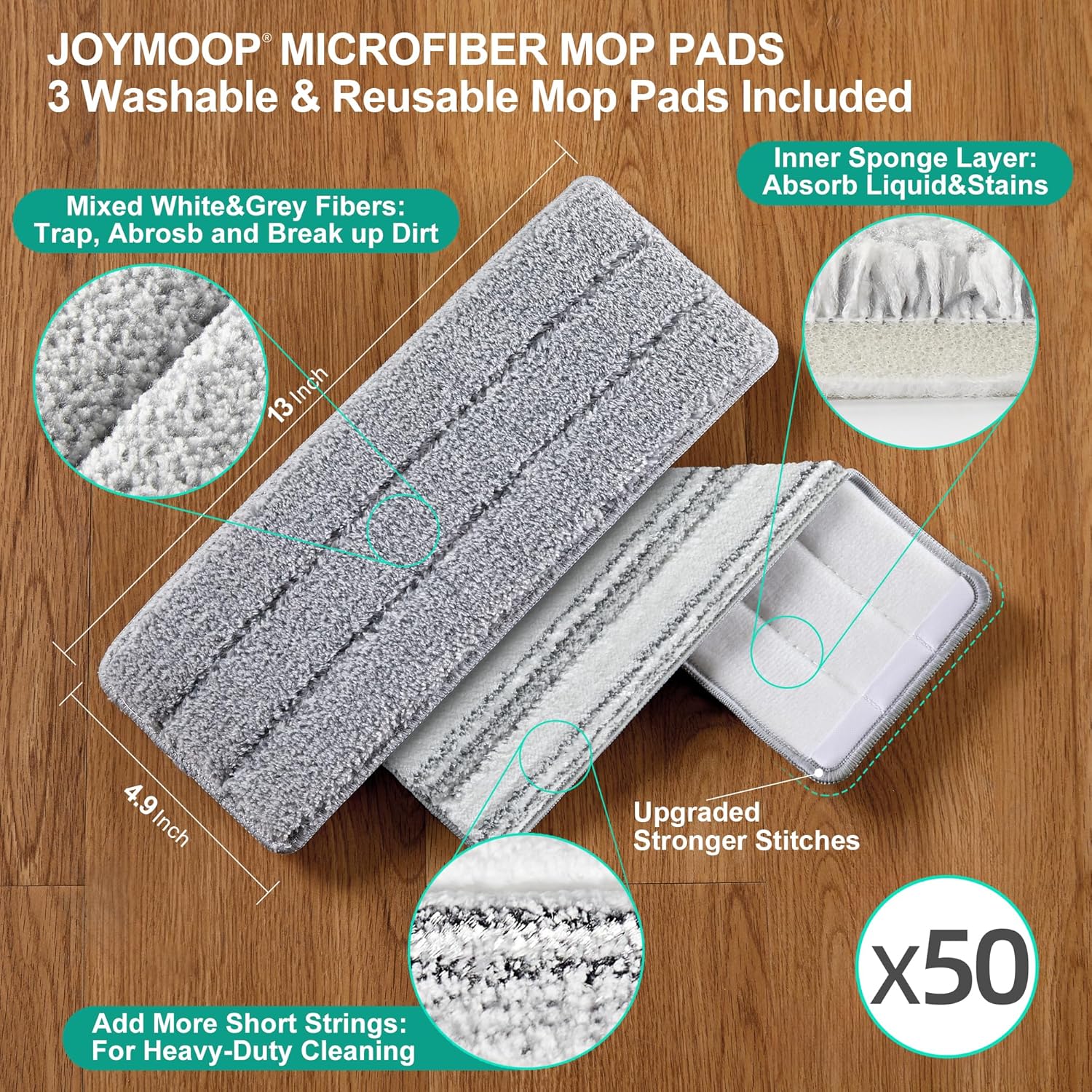 JOYMOOP Replacement Mop Pads 13inch Microfiber 50 Pack - Grey Stripe