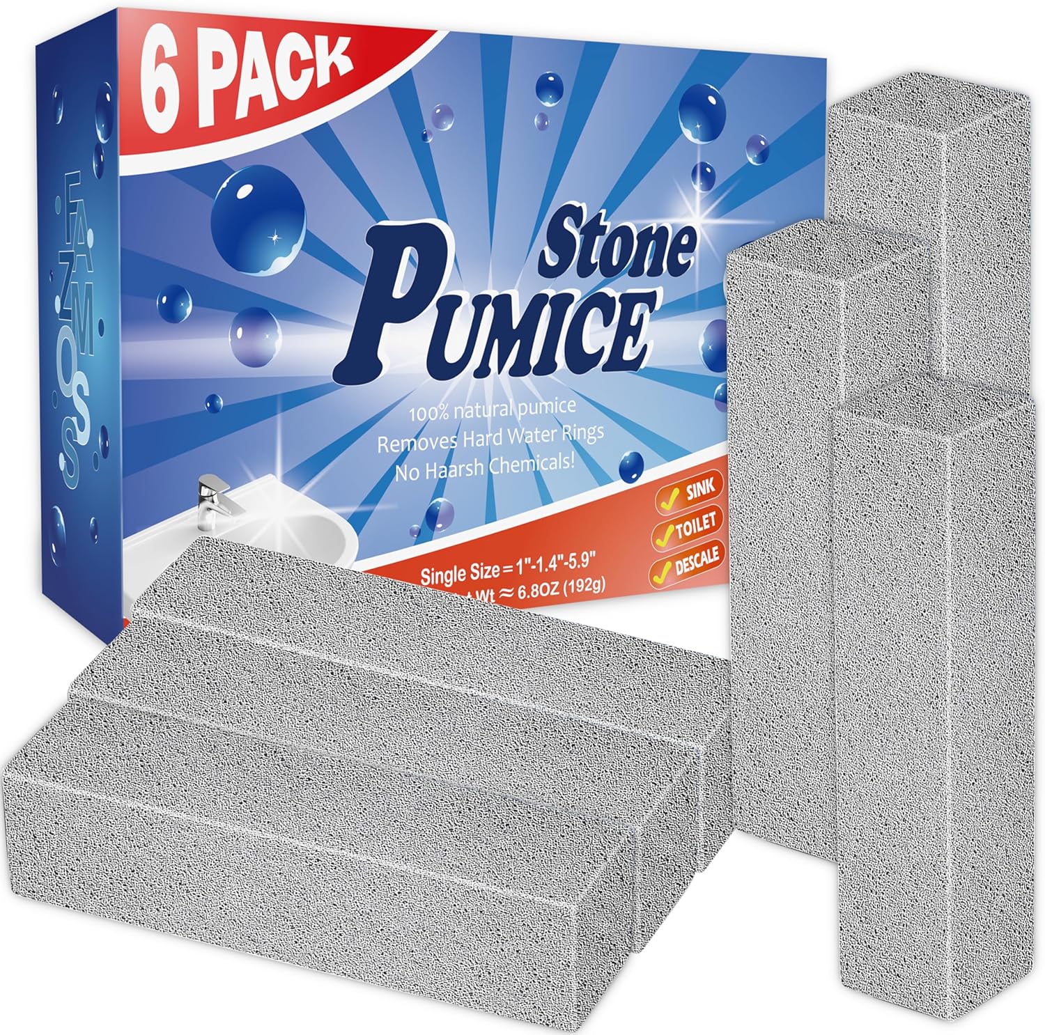 FAZMoss Pumice Stone 6-Pack - Heavy Duty Toilet Kitchen Cleaner